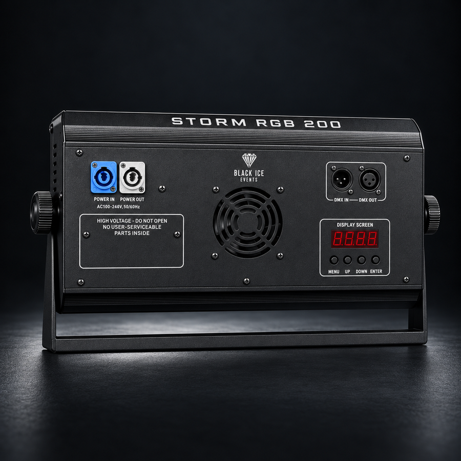 STORM RGB 200 — vue arrière, commandes et connectique DMX