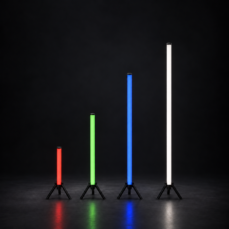 Tubes LED RGB DMX BLACK ICE EVENTS — gamme de quatre longueurs sur supports au sol, rendu studio